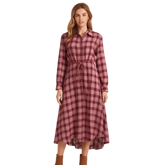 JODIFL Dresses & Skirts - JODIFL Plaid Midi Shirt Dress Womens Large Red Burgundy Boho Cottagecore Western